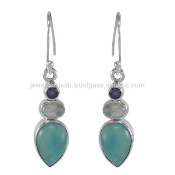 Rainbow Moonstone Larimar Iolite Gemstone &amp; 925 Sterling Silver Boucles d&#39;oreilles à la main